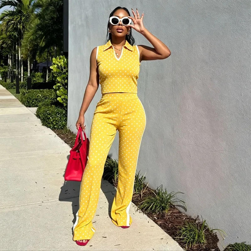 

Women Fashion Polka Dots Print Casual 2 Piece Set Lapel Collar V Neck Sleeveless Crop Tops + Split Flare Pants Streetwear Suits