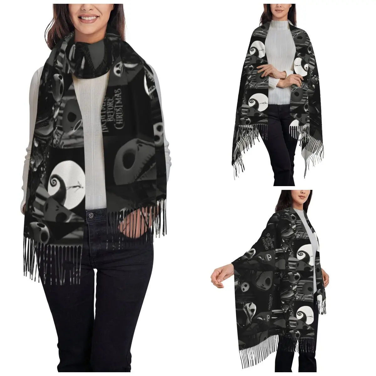 The Nightmare Before Christmas Shawls Wraps Womens Winter Long Soft Scarf Jack Cartoon Halloween Pashminas Tassel Scarves