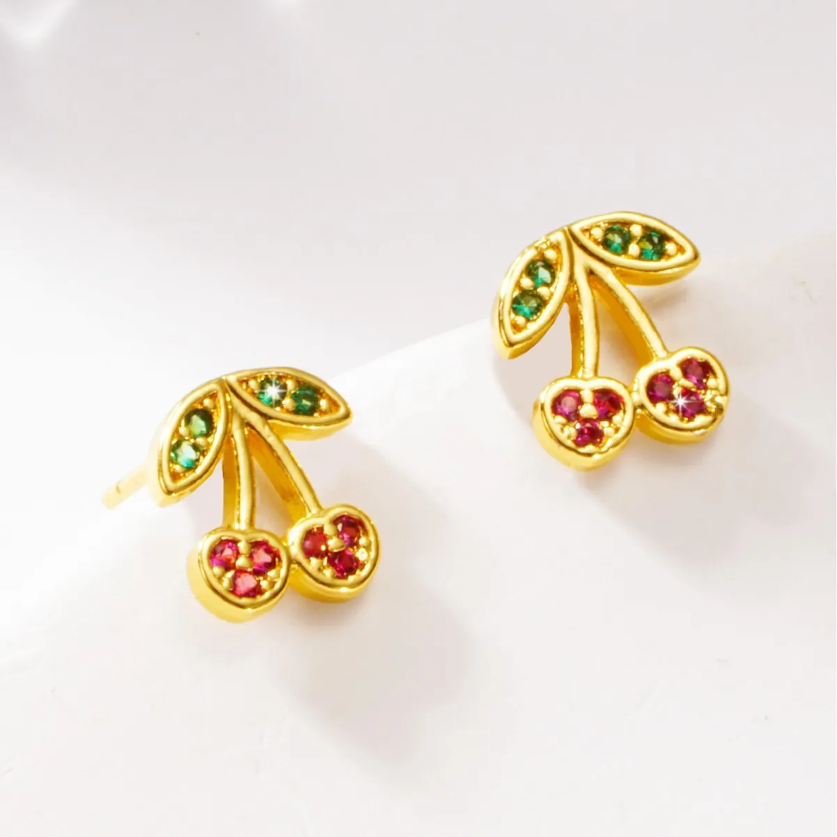 Cross-border fruit earrings, small zircon premium cherry copper earrings, cherries stud earrings, inner spiral earbone studs.
