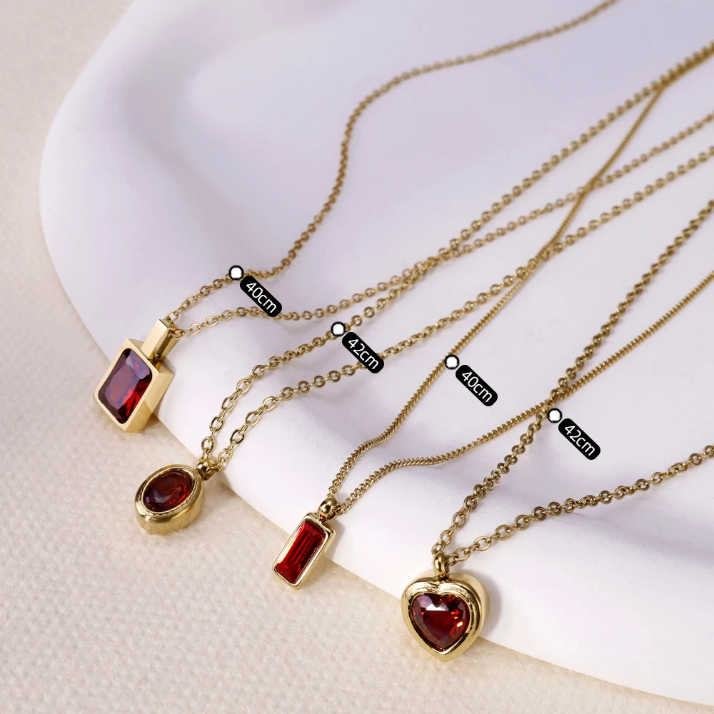 WILD & FREE Colgante de cristal de circón rojo para mujer, collar de oro de acero inoxidable de lujo, joyería de boda exquisita