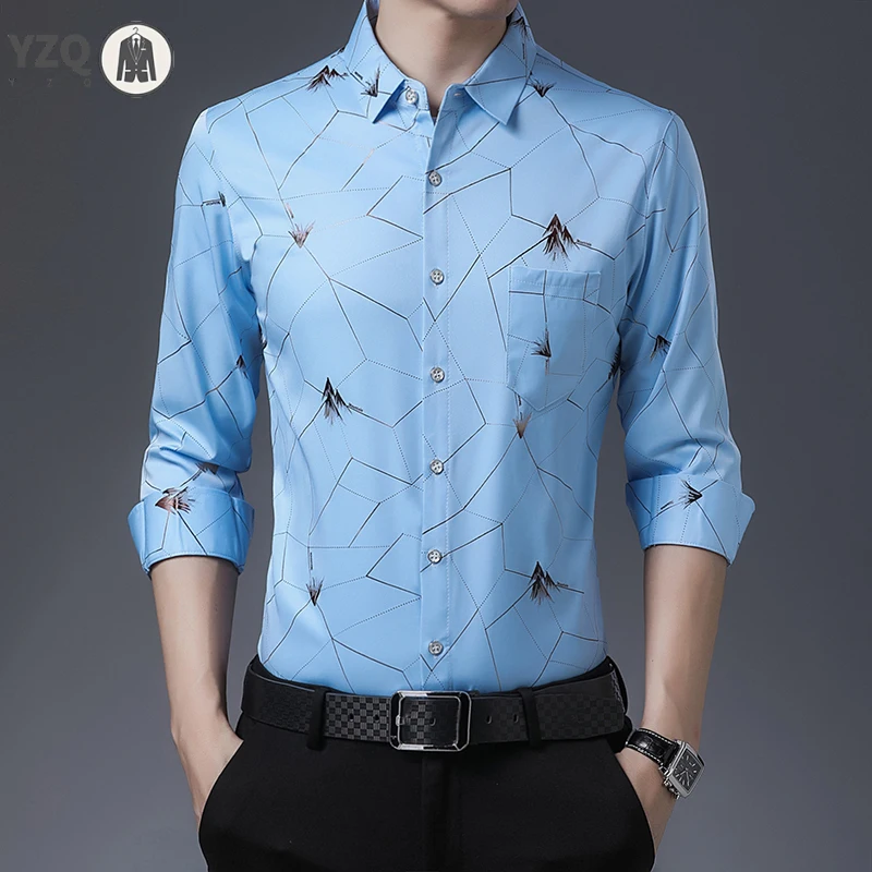 New Men's Casual Printed Long Sleeved Lapel Shirt for Spring and Autumn Fashion Comfortable Wrinkle Free Top Without Ironing