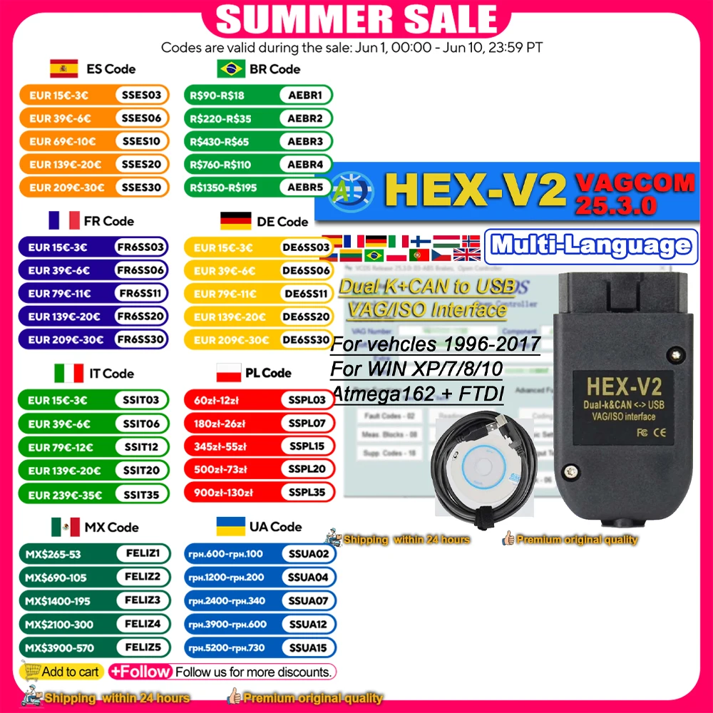 

2026 VCDS VAGCOM Interface FOR VW For AUDI Skoda Seat HEX V2 VCDS VAG COM Update 25.3 Multi-Language Car OBDII Diagnostic Tool