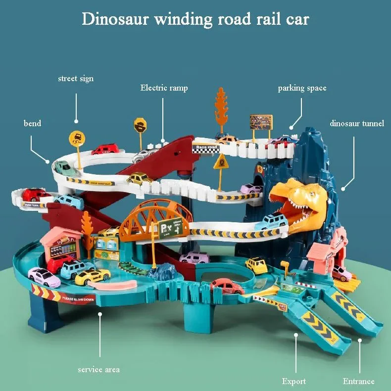 Adventure Parking Building Dinosaur rolled Mountain Track Toy Electric Racing Rail Car Toy giocattoli educativi per bambini regalo per ragazzo