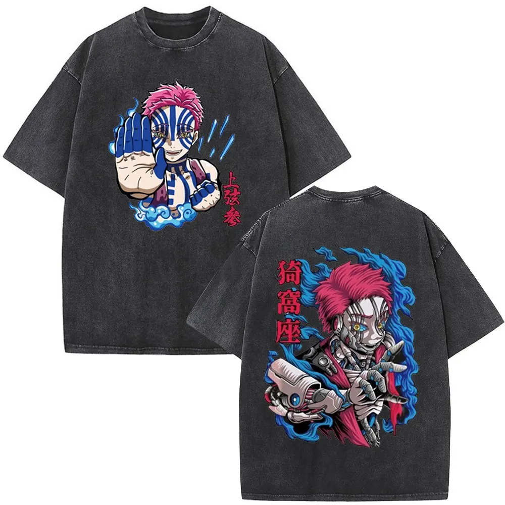 Gewaschen Vintage Anime Dämon Slayer Akaza Grafik T-shirts Männer Frauen Kleidung Baumwolle Übergroßen Kurzarm T Shirts Streetwear