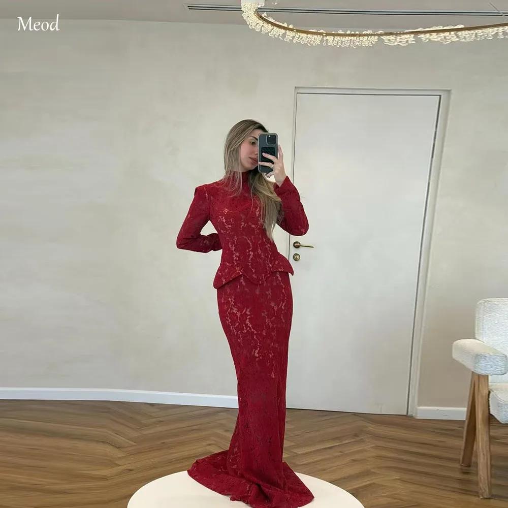 

MEOD Burgundy Mermaid Evening Dress Long Sleeves Elegant Women's Evening Gowns Lace High Collar Robes De Soirée Customized