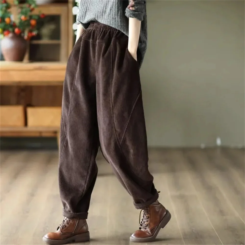 2024 New Arrival Spring Autumn Women Vintage Patchwork Ankle-length Pants Casual Loose Corduroy Elastic Waist Harem Pants K072