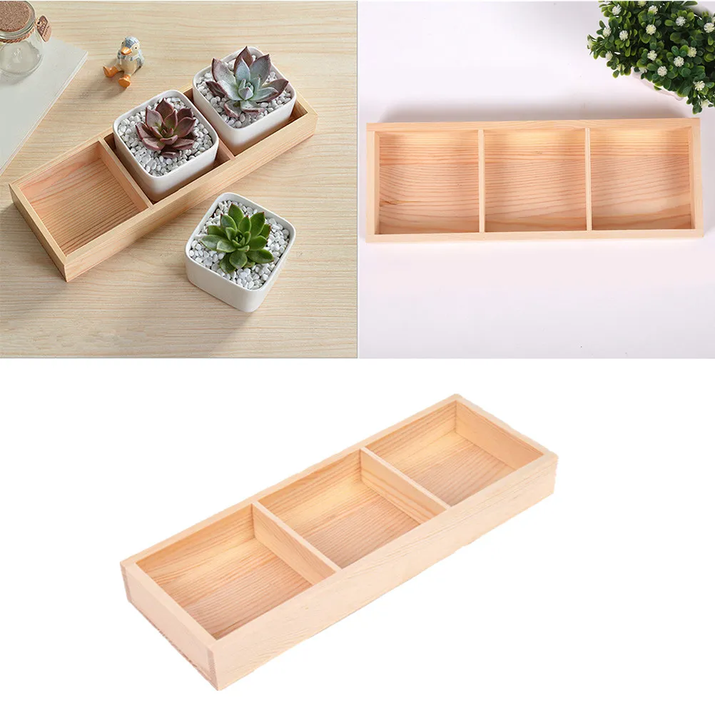 1Pcs Three Lattice Wooden Storage Box Flowerpot Rack Organizer Succulent Plant Tray Kitchen Cutlery Jewelry Divider