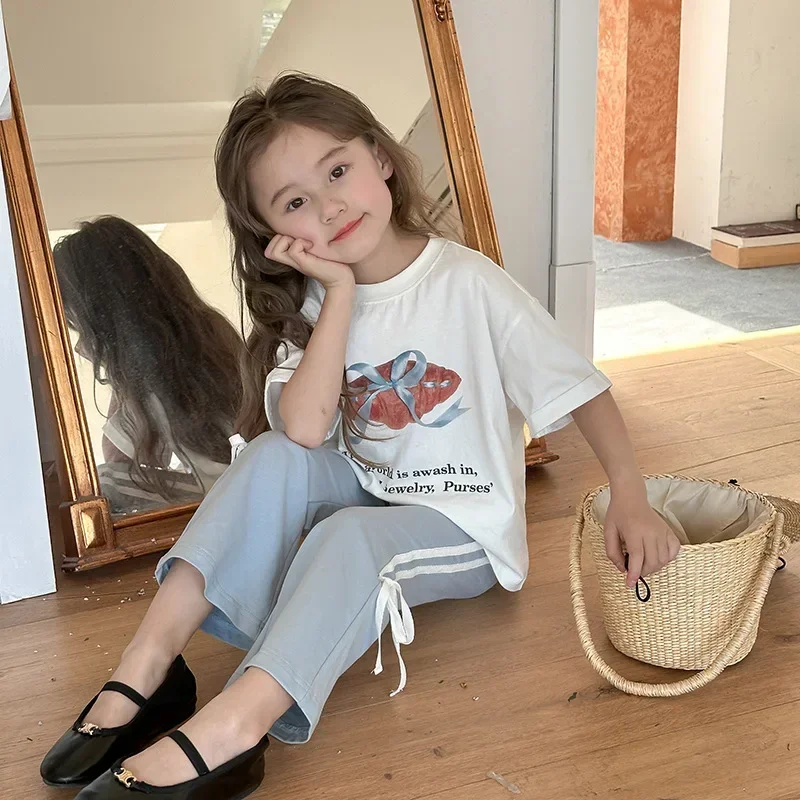 

T-shirt Children Fashionable Bread T-shirt for Girls Korean Fashion Three-dimensional Printed Cow Horn Bun Bow Short Sleeved