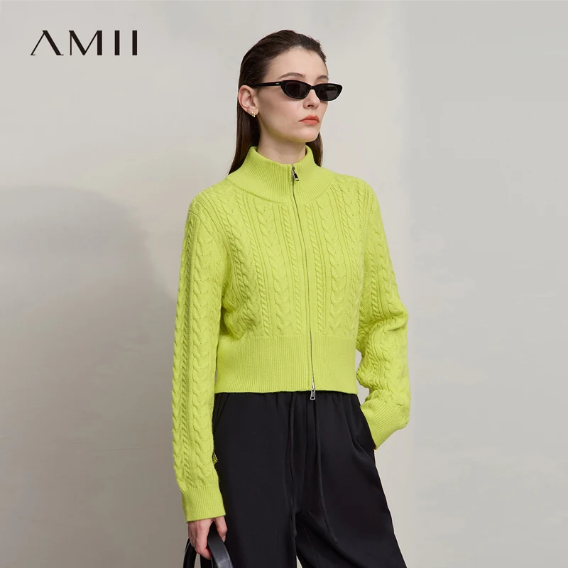 

AMII короткий кардиган для женщин, осень 2022, новый минималистичный кардиган на молнии с высоким воротом, женский тонкий топ с длинными рукавами, женский 12544002