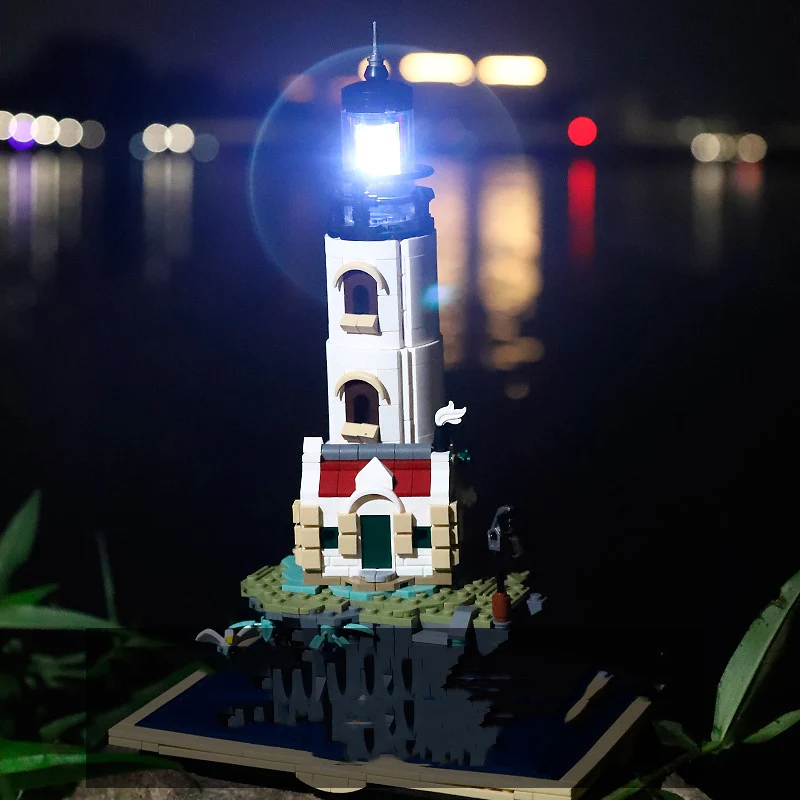 Creativo MOC Building Block Street View faro marino modello di costruzione mattoni collezione di giocattoli educativi con luce per regali