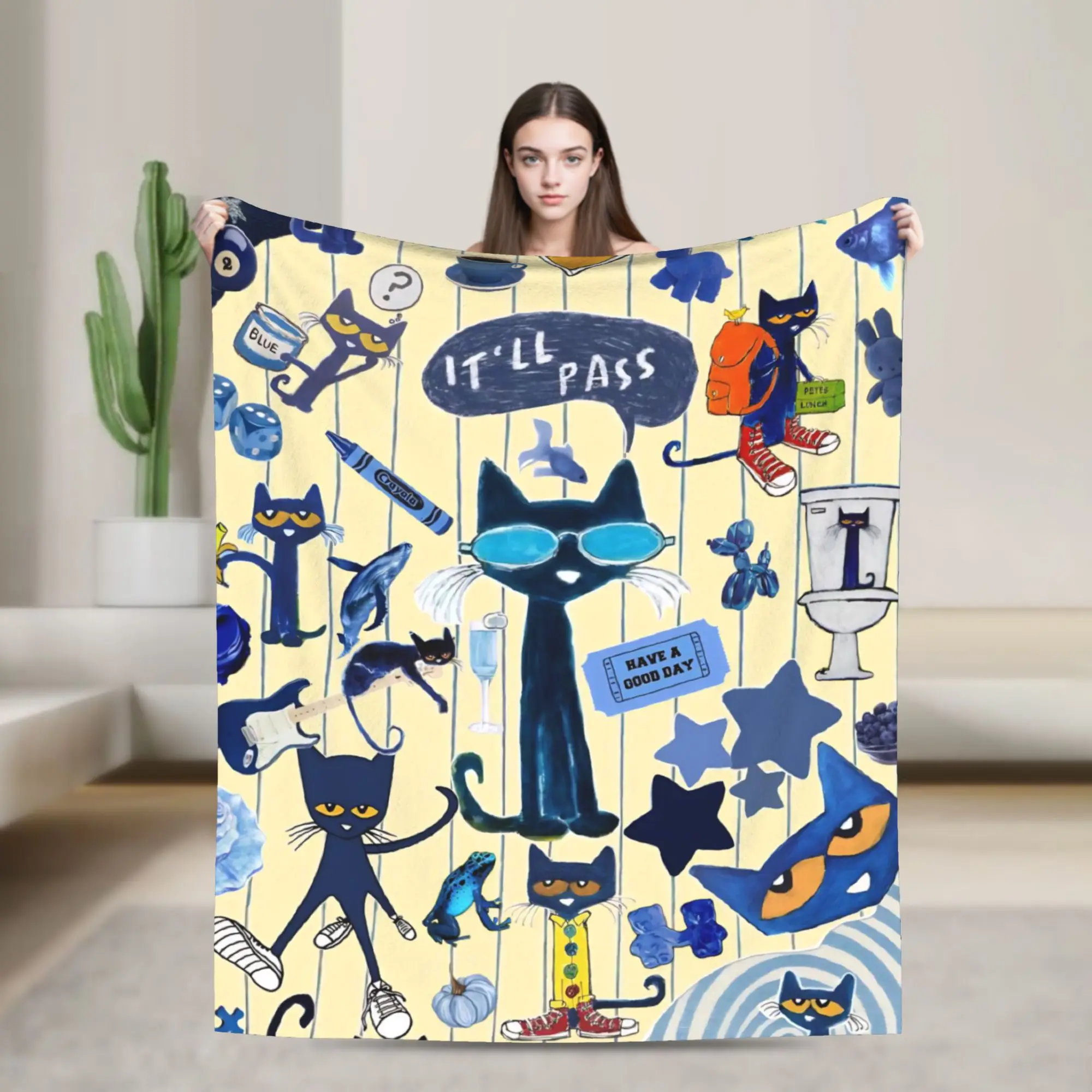 Pete The Cat Cartoon Flannel Blanket  Customized Throw Blankets for Home 125*100cm Bedspread