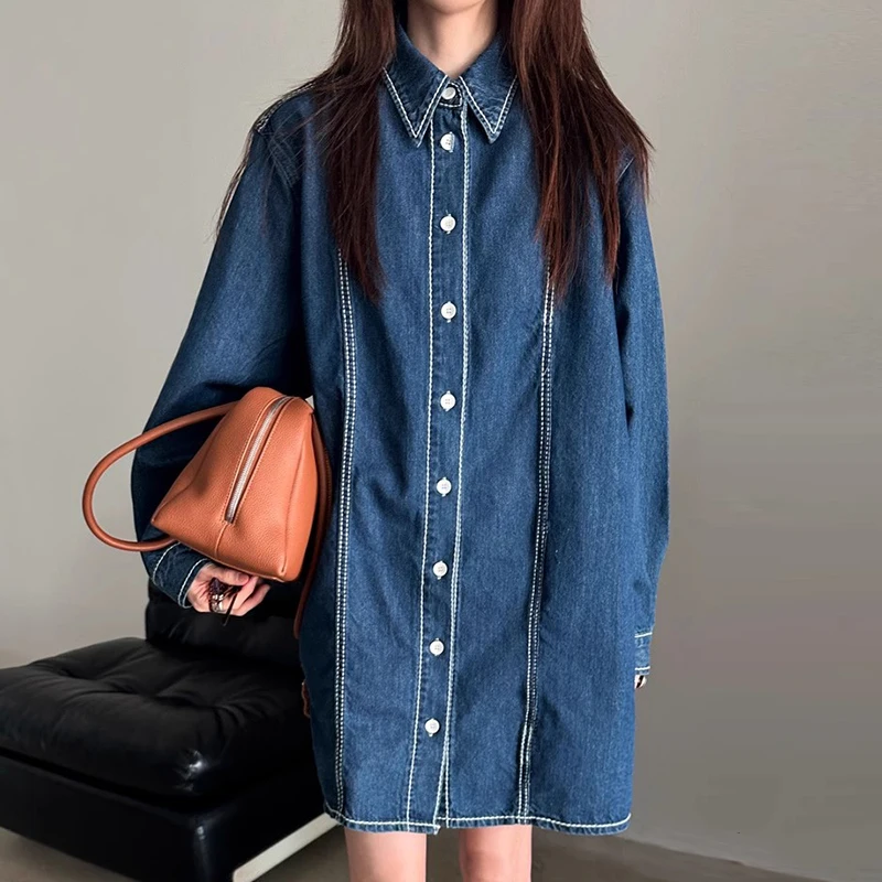 

Spring Vintage Hong Kong Sle Loose Casual Denim Dr Women's Single Button Notch Collar Design Dongda Gate Commute Dr