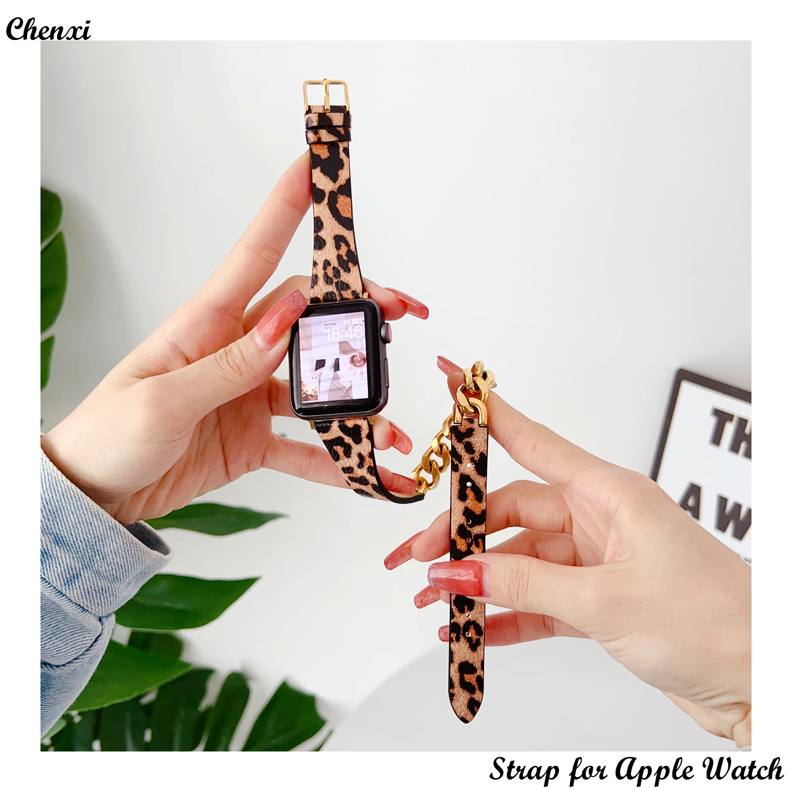 

Leather strap for Apple watch band double chain for iwatch87645321SE Ultra men Leopard print 40 41 42 44 45mm women steel wrist