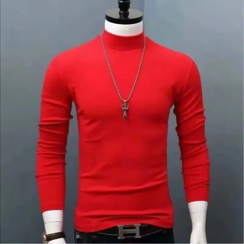 2025 Autumn Winter Men's High Neck T-shirt Slim Fit Fashion High Elastic Long Sleeve Cotton Casual Breathable Apparel Pullover