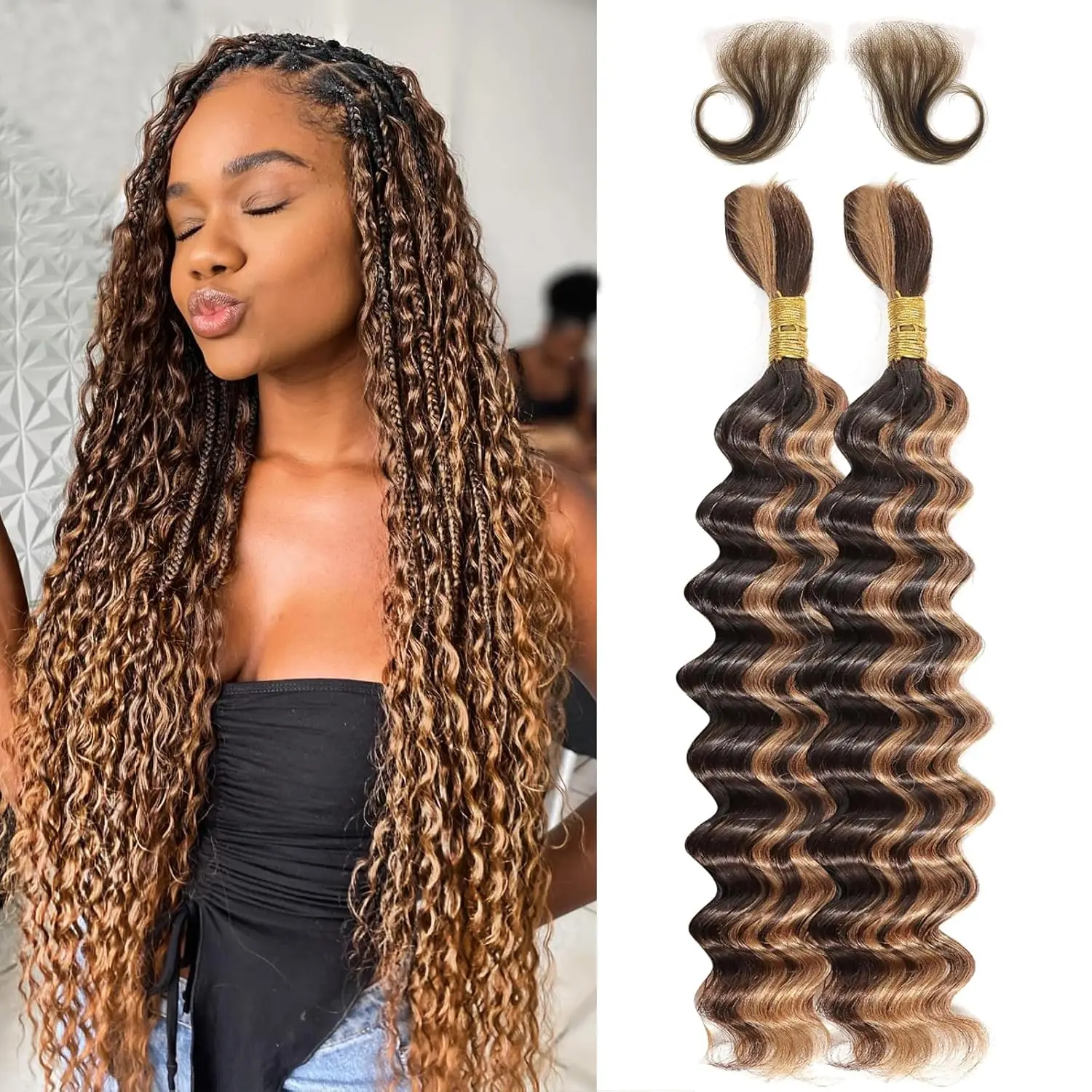 Faisceaux de cheveux humains Deep Wave pour tressage, 427 Highlight Bulk, Honey Blonde, 24 ", Extensions brésiliennes sans trame