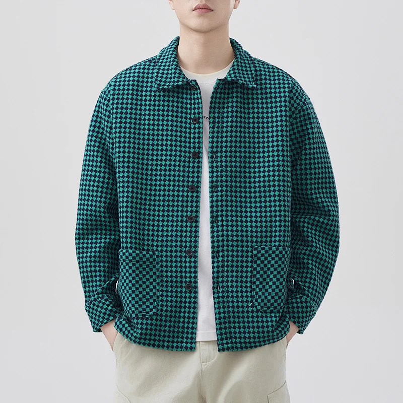 

Spring Autumn Jacquard Plaid Men Japanese Streetwear Fashion Loose Casual Long Sleeve Plus Size Shirt Jacket Cityboy Blouse