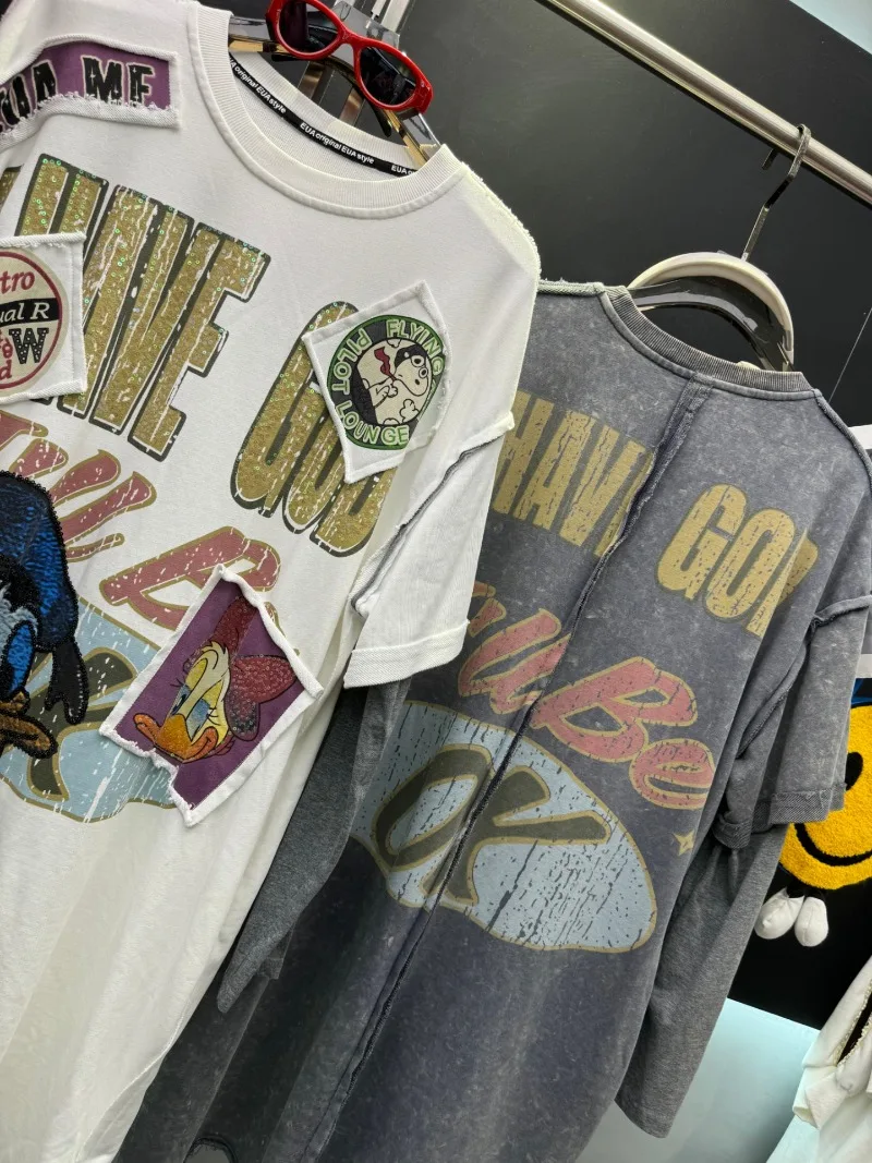 2025 Autumn New Loose Mid-Length Oversized Slimming Sweatshirt Colorful Cartoon Fake Two-Piece Pullover Jacket Sudaderas Ladies