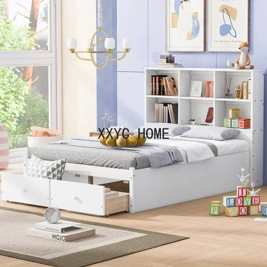 Full Size bed,Platform Bed with Multi-functional Headboard,Charging Station and 2 Drawers,Fashionable storage Bed for bedroom
