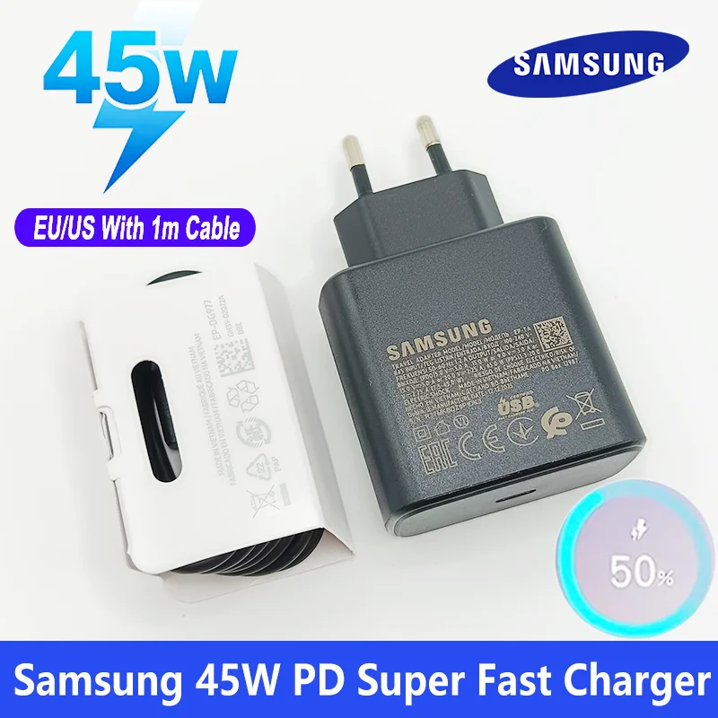 Cargador Súper Rápido Original Samsung de 45W, Adaptador PD con Cable Tipo C para Galaxy S26, S25 Ultra, S24+, A57, A56, A37, F56, Tab S10 FE (EU/US)