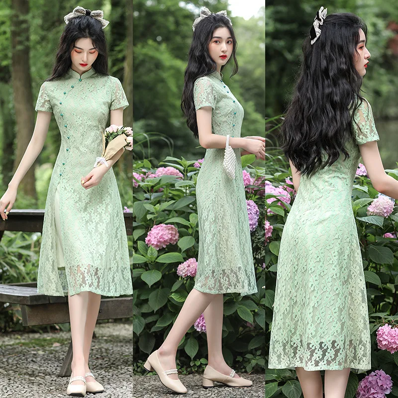 2024 Summer Lace Mid-length Aodai Daily Improved Cheongsam Low-neck Slim Fit Chinese Style Evening Dress Qipao for Women Party