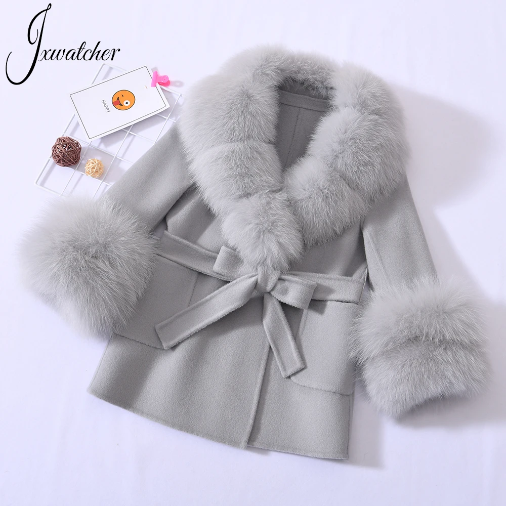 Jxwatcher bambini cappotto di lana invernale bambini cappotto di Cashmere grande vera pelliccia di volpe collare ragazza di media lunghezza moda