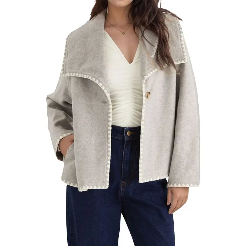 Vintage Jacket For Women's Elegant Double Breasted Long Sleeve Cropped Dressy Casual Light Gray S Eco-Friendly