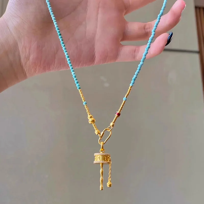 Turquoise Tone Beaded Long Necklace with Prayer Wheel Pendant Modern Chinese Style Adjustable Layering Choker for Women Jewelry