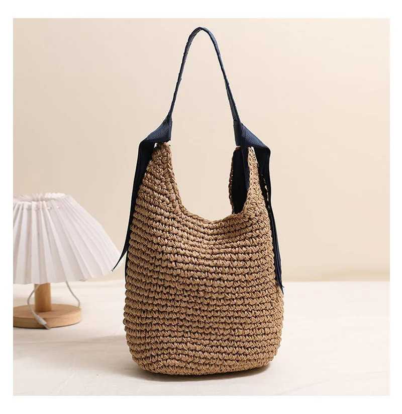 Neue 2026 Einfarbige Strohtasche Sommer Bohemian Style Strandurlaub Einzel-Schultertasche Geflochtene Handtasche für Damen – Detail 12