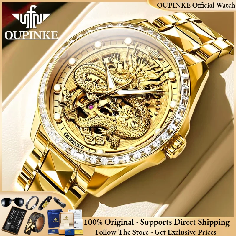 

OUPINKE 3276 Luxury Original Imported Movement Automatic Men Mechanical Watch Tungsten Steel All Golden Dragon Hollow Men Watch