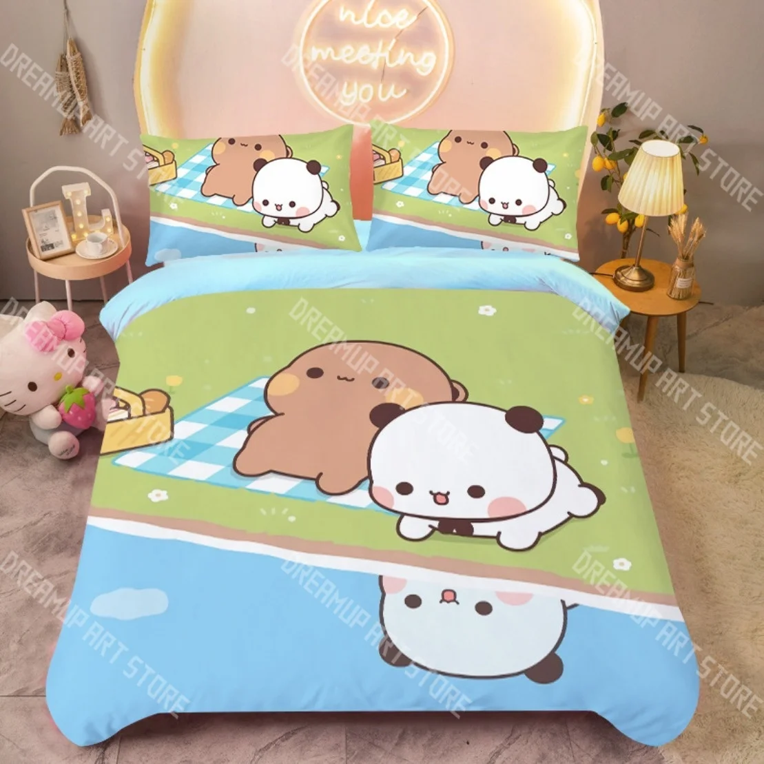 Fotografia 6: Moda bubu dudu dos desenhos animados urso panda conjunto de cama único gêmeo completo queen king size conjunto cama crianças quarto conjunto capa edredão