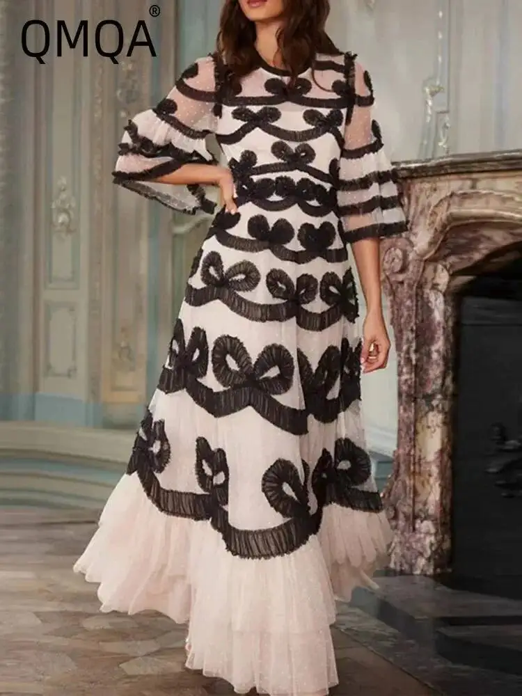 QMQA Fashion Women\'s Color Block Dresses Lace Print Big Swing High Waist Flare Short Sleeve Elegant Dress 2025 Clothing 1A103