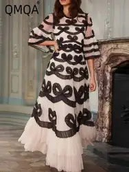 QMQA Fashion Women's Color Block Dresses Lace Print Big Swing High Waist Flare Short Sleeve Elegant Dress 2025 Clothing 1A103