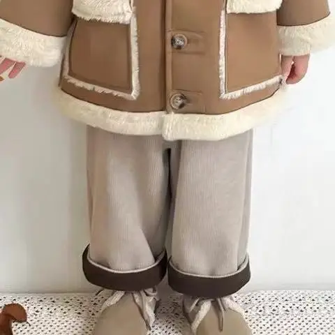 Boy Girl Coat Windbreak Warm Thicken Plush Collar Jacket Plush Top Winter 2025 High Quality Suede Overall Straight Pants Outfits image 6