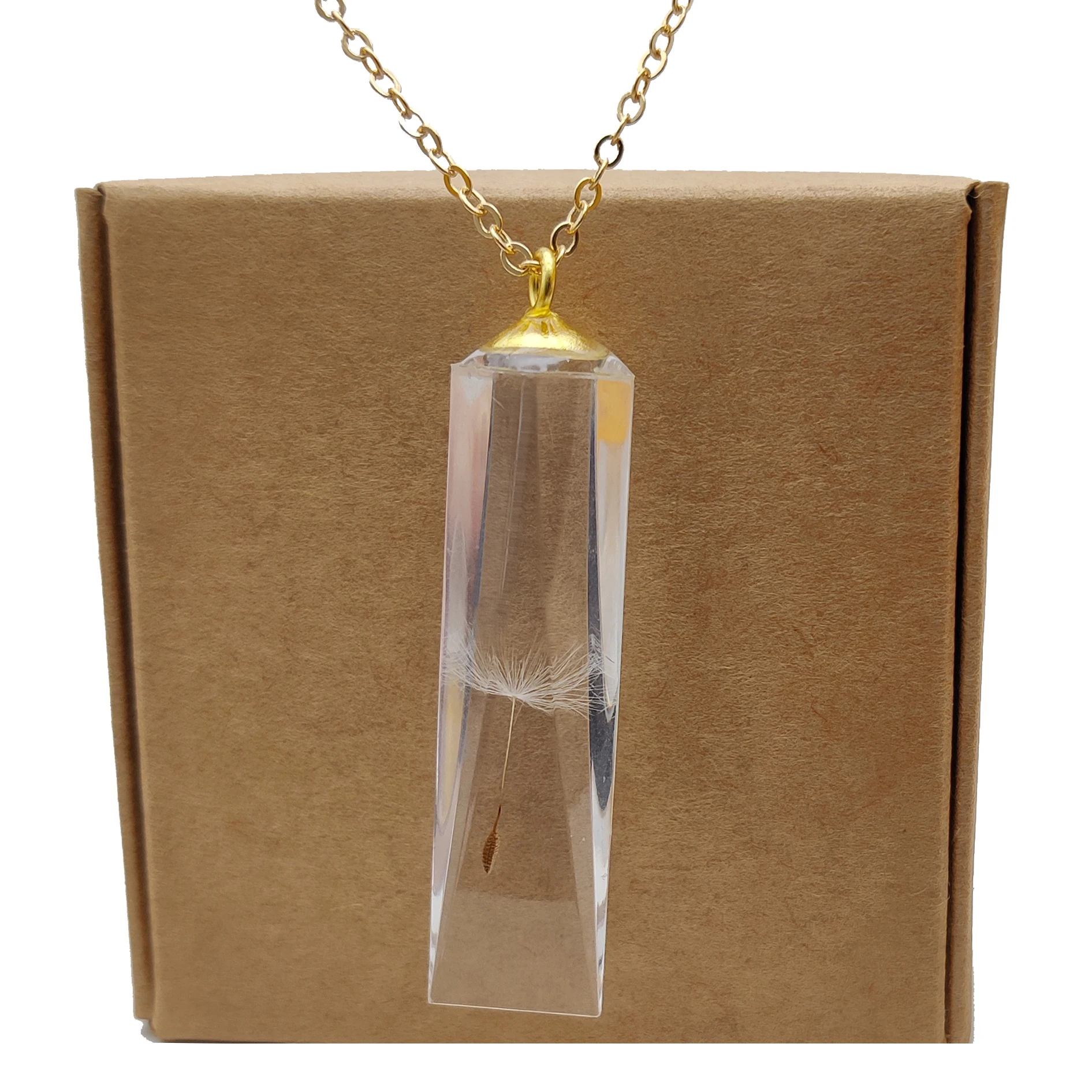 

Dandelion Make a Wish Sliced Mirror Cuboid Resin Gold Color Pendant Chain Long Necklace Women Boho Jewelry Bohemian Handmade