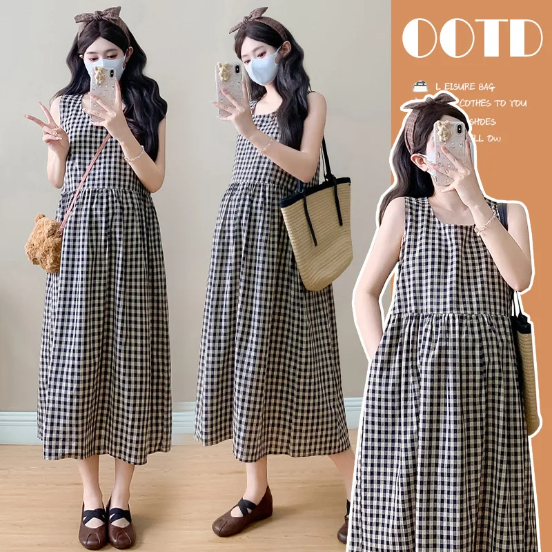 

Maternity Dress Summer 2026 Black and White Plaid Sleeveless Dress with Pockets for Pregnant Women Minimalist Versatile