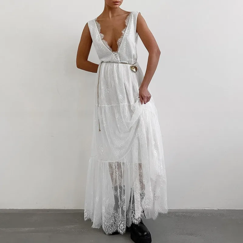 Women V-Neck Spaghetti Strap Black Lace Spliced A-Line Long Hook Flower Hollow Maxi Dress Elegant Summer Holiday Boho Fairycore