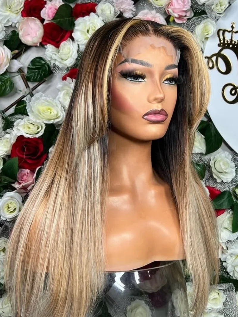 Synthetic Highlight Wig 13x4 Straight Lace Front Wigs Ombre Honey Blonde Colored Wig Pre Plucked Layered Hair With Baby Hair