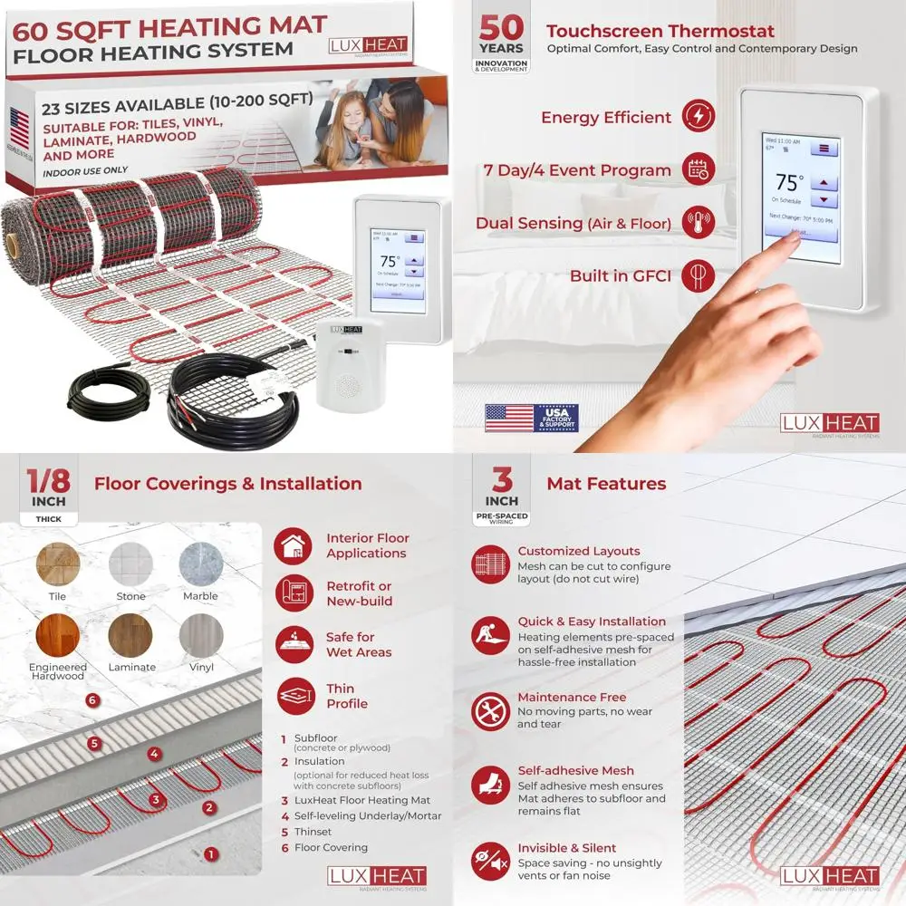 نظام تسخين الأرضية المشعة الكهربائية - طقم حصيرة تسخين 60 قدم مربع لـ 240 فولت - نظام كامل مع إنذار متضمن #1