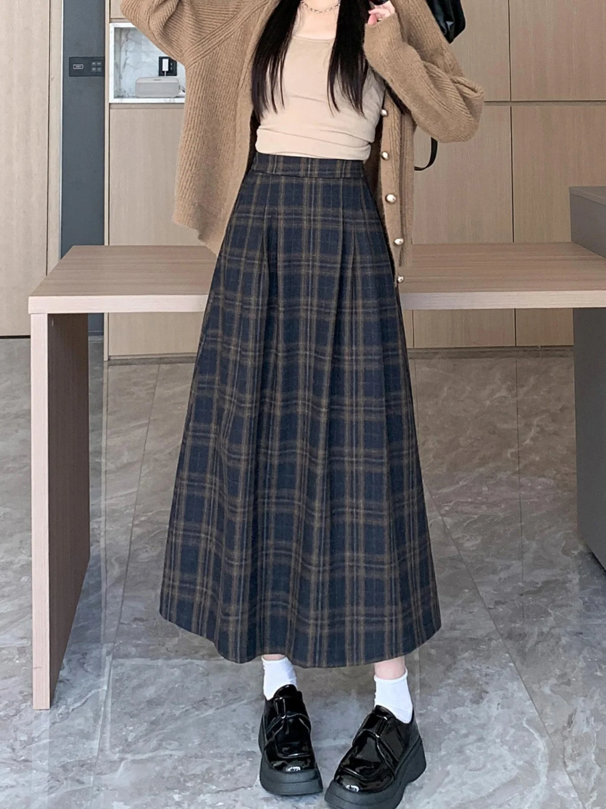 Jupe longue plissée en laine mélangée à carreaux vintage pour femmes, streetwear taille haute, ligne A, printemps, automne