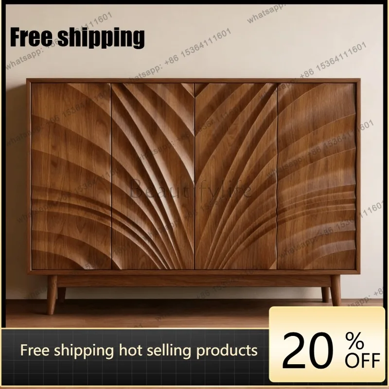 YJ 2026 New Chinese Black Walnut Solid Wood Geometric Sideboard Villa Entrance Custom Storage Cabinet