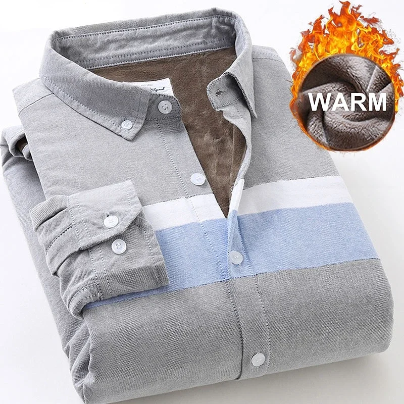 

Men Winter Cotton Shirt Long Sleeve Patchwork Casual Oxford Warm Thick Shirt with Velvet 4XL New Arrival