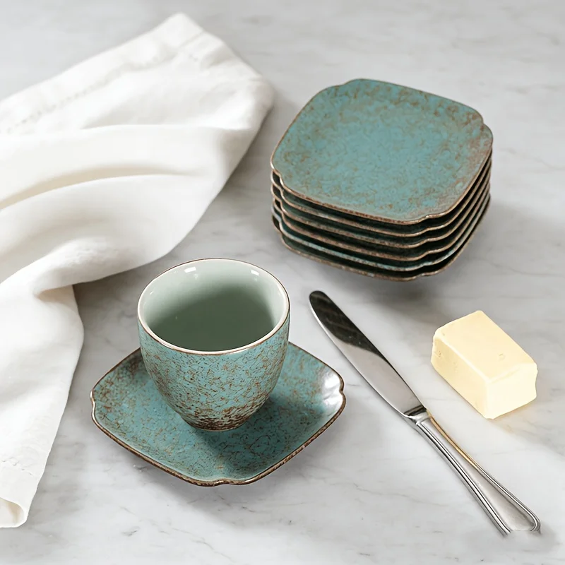 Vintage Kiln-Change Turquoise Ceramic Coasters, Square Scalloped Tea Saucers, Kung Fu Tea Accessories, Set of 6