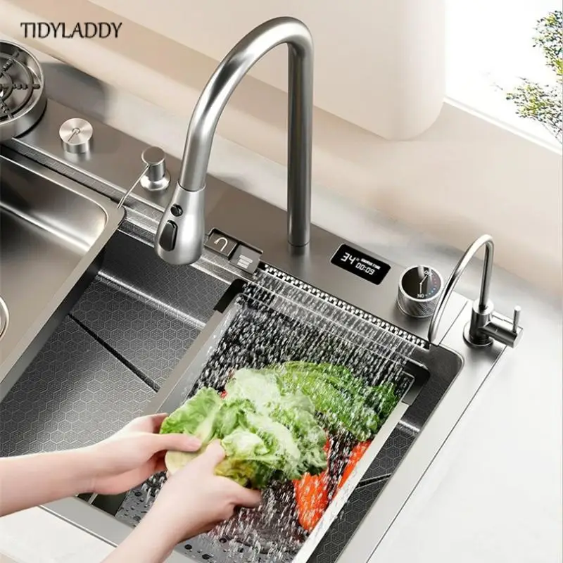 Stainless Steel Waterfall Kitchen Sink Embossed Honeycomb Multifunction Digital Display Large Single Slot Kitchen Accessories