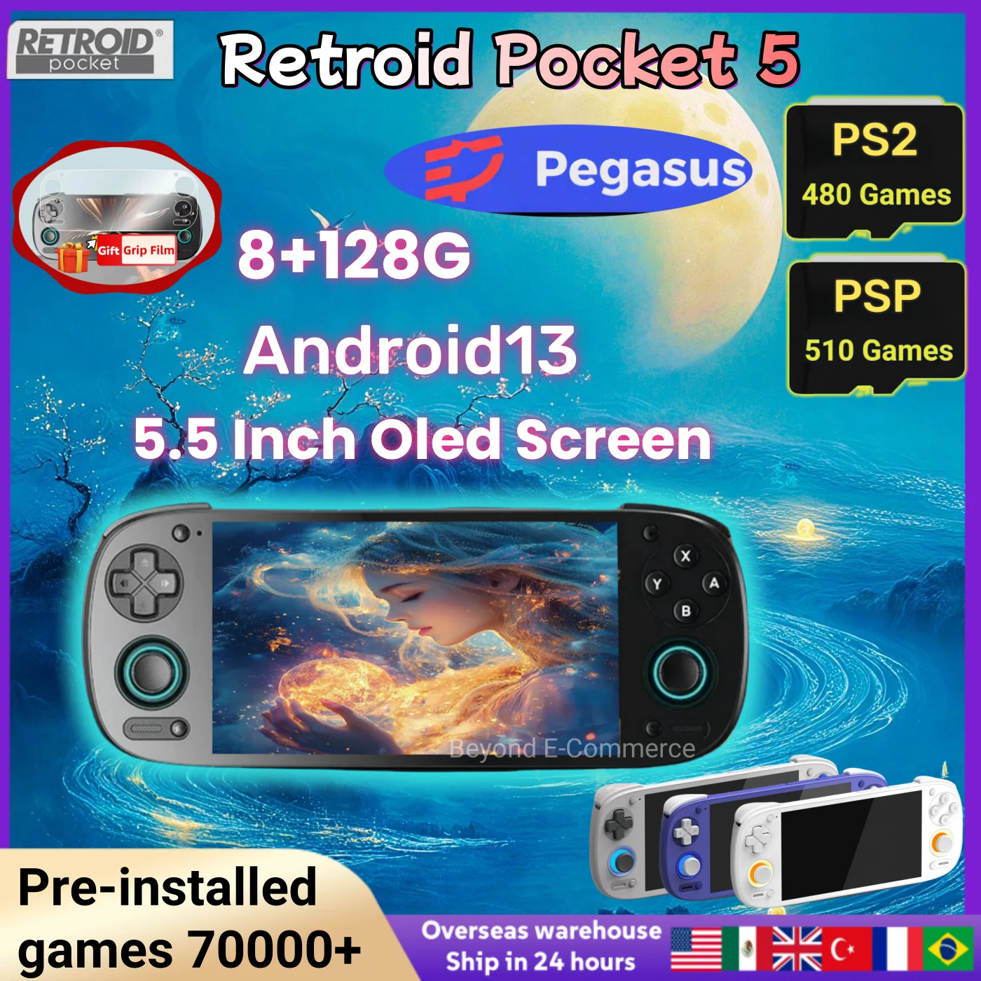 Retroid Pocket 5 RP5 Retro Handheld Game Portable Video Game Player 5.5 Inch Oled HD Screen Bluetooth Android 512G PSP PS2 Game