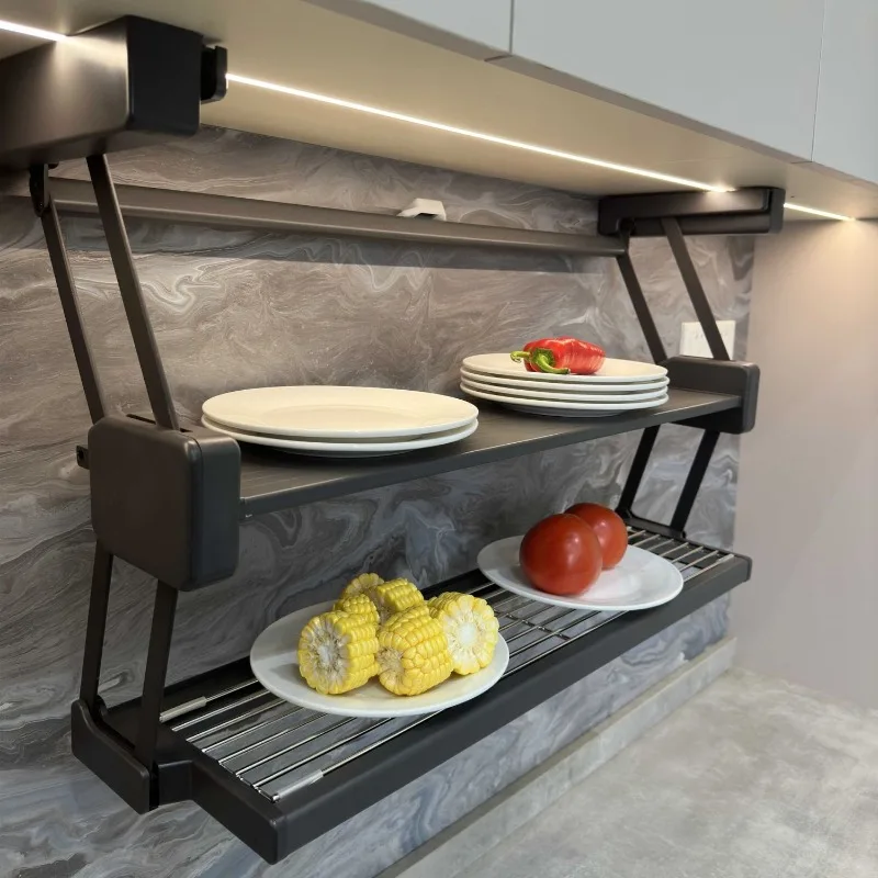 Folding rack pull-down double-layer lift telescopic kitchen folding rack storage storage rack