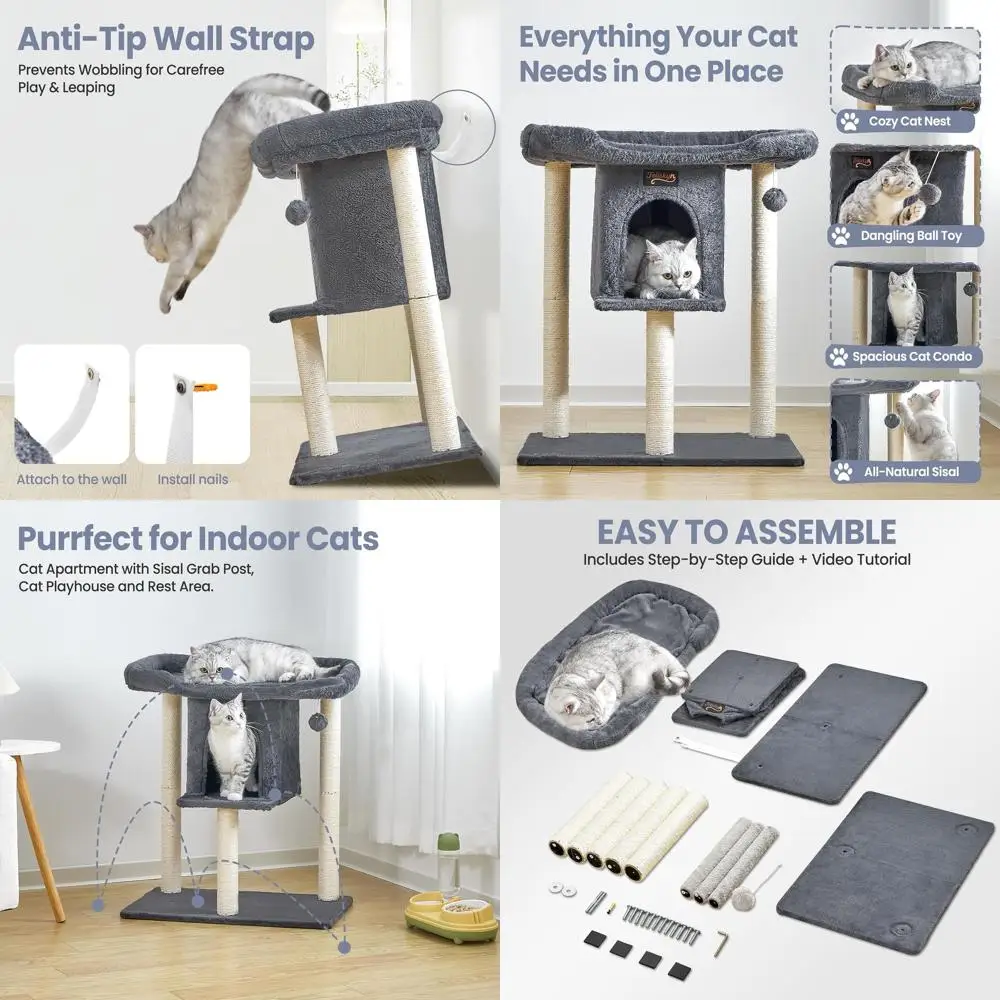 

Кошачья лежанка-башня для дома с когтеточкой, высотой 28 дюймов, с большой лежанкой-лежанкой, домиком-пещерой, игрушечными мячиками и платформой для лазания для котят