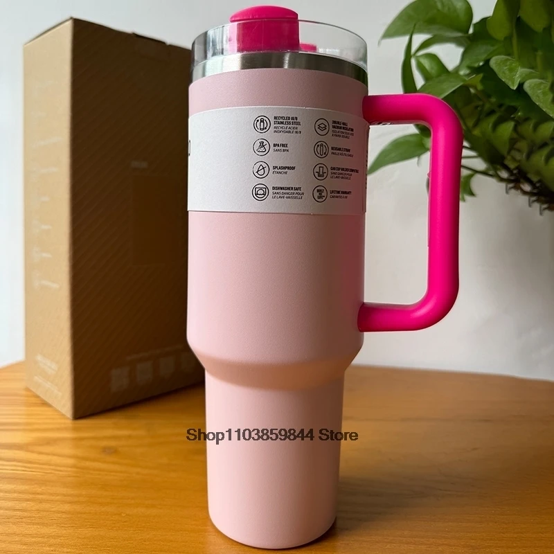 40 oz Tumbler with Handle Lid Straw H2.0 Stainless Steel Vacuum Insulated Thermos Cup Silicone Boot PINK for Stanleys