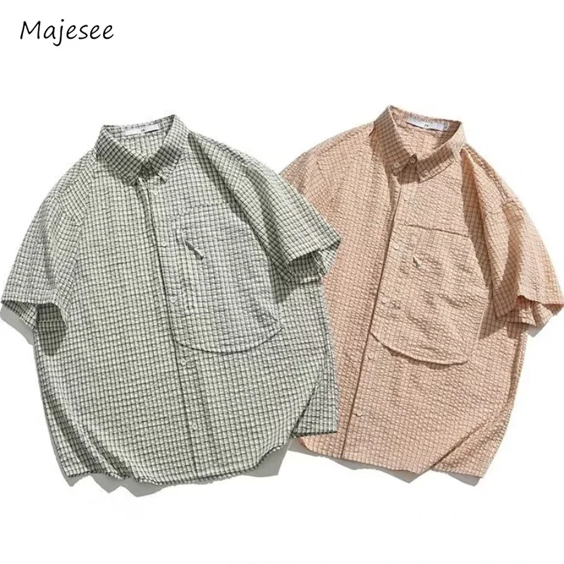 

Shirts Men Summer Japanese Style Retro Loose Plaid Half Sleeves All-match Chic Casual Popular Males Clothing Simple College New