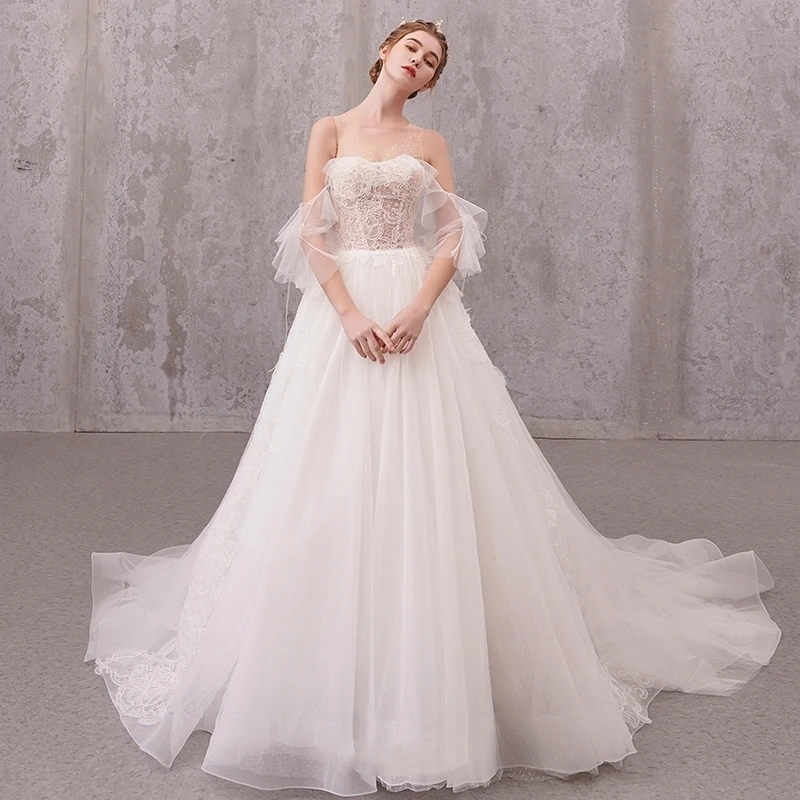 

Customized Elegant A-Line White Chiffon Applique Princess Wedding Dress Sexy Transparent Strapless Backless Beach Bridal Gown