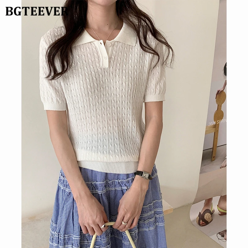 BGTEEVER 100% Cotton Preppy Style Cable Knit Top for Women Polo Collar Short-sleeved Summer Slimming T-shirt